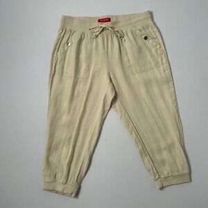 GUESS Women Beige Cropped Linen Jogger Pants Drawstring Waist Pockets Size S